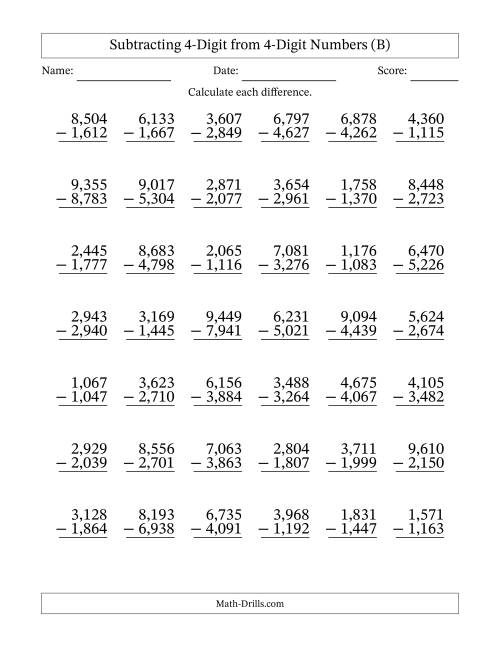 The Subtracting 4-Digit from 4-Digit Numbers With Some Regrouping (42 Questions) (Comma Separated Thousands) (B) Math Worksheet