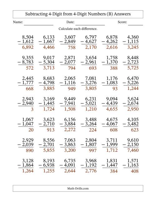 The Subtracting 4-Digit from 4-Digit Numbers With Some Regrouping (42 Questions) (Comma Separated Thousands) (B) Math Worksheet Page 2