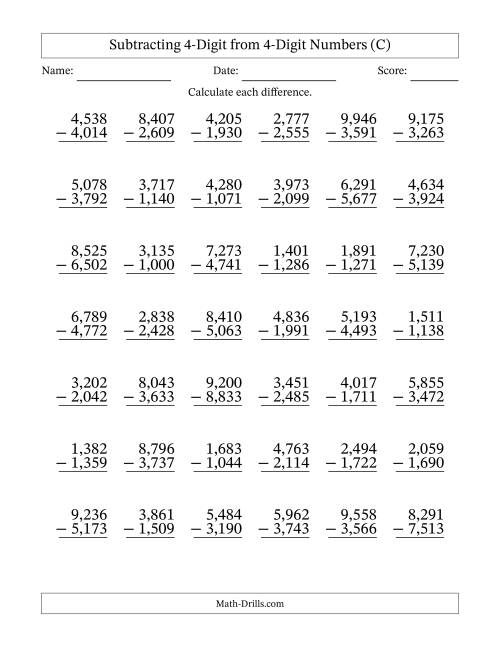 The Subtracting 4-Digit from 4-Digit Numbers With Some Regrouping (42 Questions) (Comma Separated Thousands) (C) Math Worksheet
