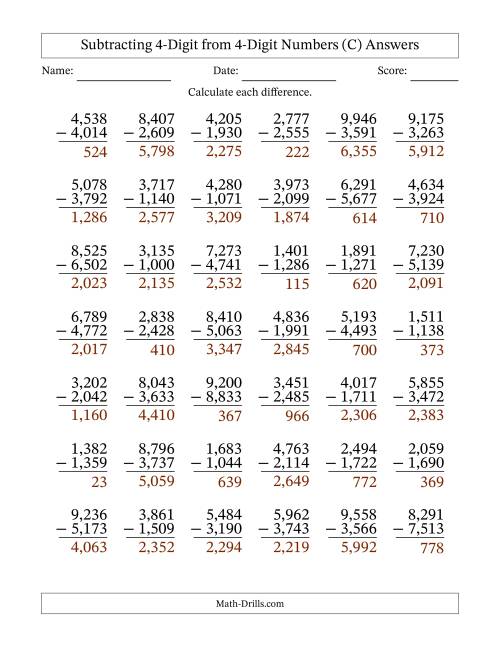 The Subtracting 4-Digit from 4-Digit Numbers With Some Regrouping (42 Questions) (Comma Separated Thousands) (C) Math Worksheet Page 2