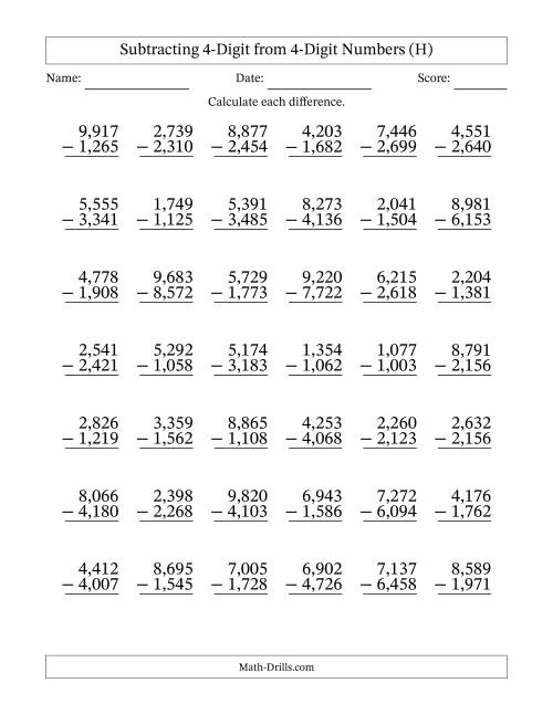 The Subtracting 4-Digit from 4-Digit Numbers With Some Regrouping (42 Questions) (Comma Separated Thousands) (H) Math Worksheet