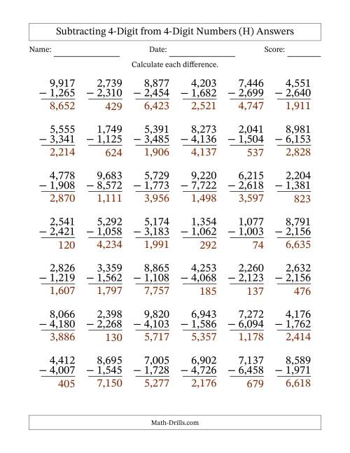 The Subtracting 4-Digit from 4-Digit Numbers With Some Regrouping (42 Questions) (Comma Separated Thousands) (H) Math Worksheet Page 2