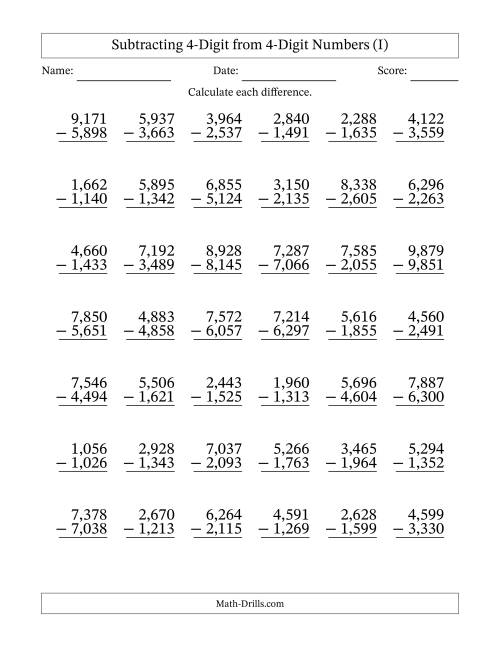 The Subtracting 4-Digit from 4-Digit Numbers With Some Regrouping (42 Questions) (Comma Separated Thousands) (I) Math Worksheet
