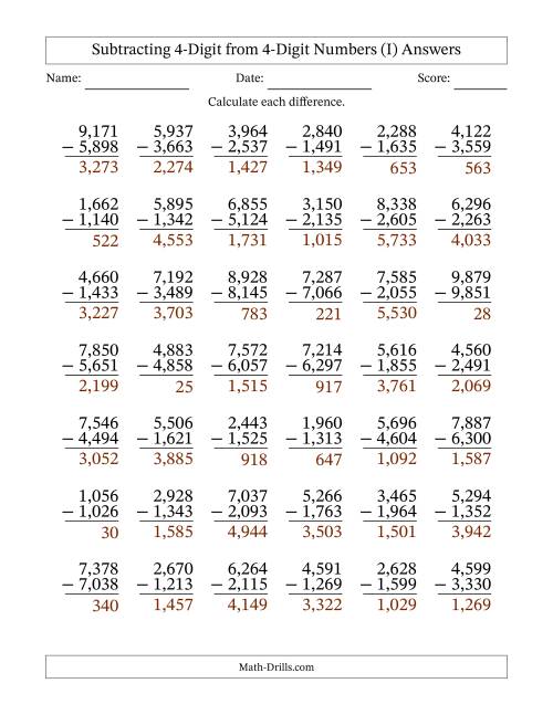 The Subtracting 4-Digit from 4-Digit Numbers With Some Regrouping (42 Questions) (Comma Separated Thousands) (I) Math Worksheet Page 2