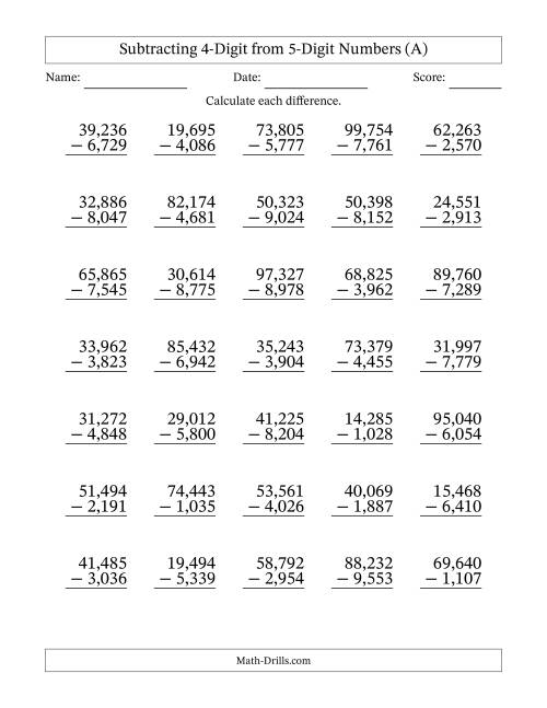 The 5-Digit Minus 4-Digit Subtraction with Comma-Separated Thousands (A) Math Worksheet