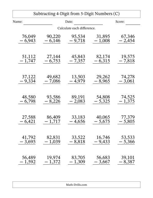The Subtracting 4-Digit from 5-Digit Numbers With Some Regrouping (35 Questions) (Comma Separated Thousands) (C) Math Worksheet