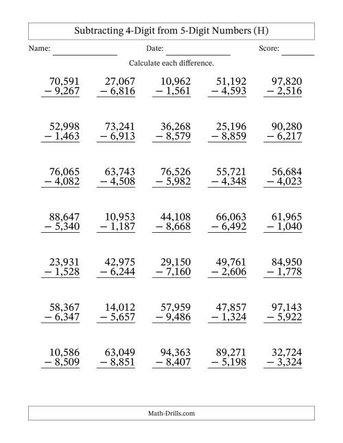 The Subtracting 4-Digit from 5-Digit Numbers With Some Regrouping (35 Questions) (Comma Separated Thousands) (H) Math Worksheet