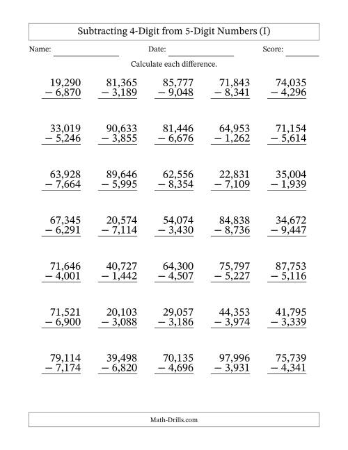 The Subtracting 4-Digit from 5-Digit Numbers With Some Regrouping (35 Questions) (Comma Separated Thousands) (I) Math Worksheet