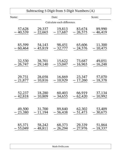 The Subtracting 5-Digit from 5-Digit Numbers With Some Regrouping (35 Questions) (Comma Separated Thousands) (A) Math Worksheet