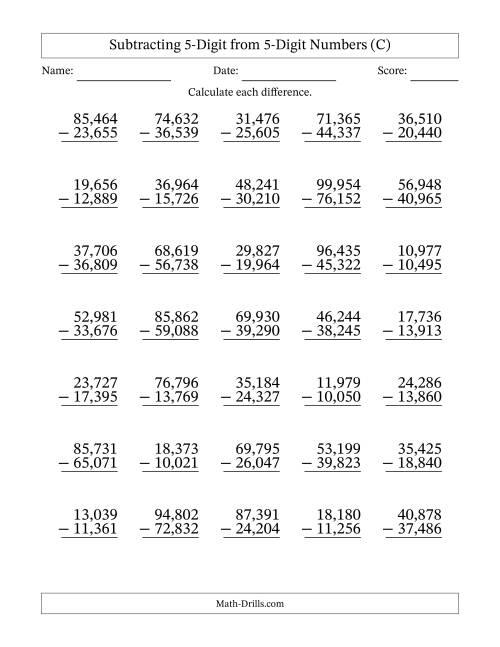 The Subtracting 5-Digit from 5-Digit Numbers With Some Regrouping (35 Questions) (Comma Separated Thousands) (C) Math Worksheet