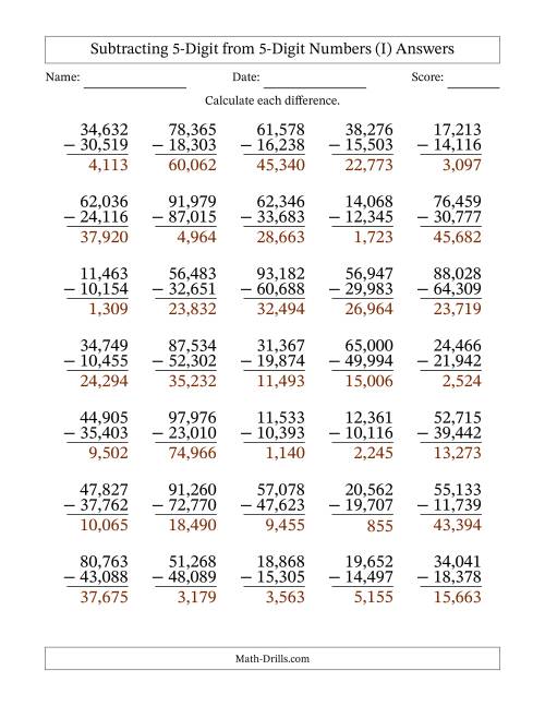The Subtracting 5-Digit from 5-Digit Numbers With Some Regrouping (35 Questions) (Comma Separated Thousands) (I) Math Worksheet Page 2