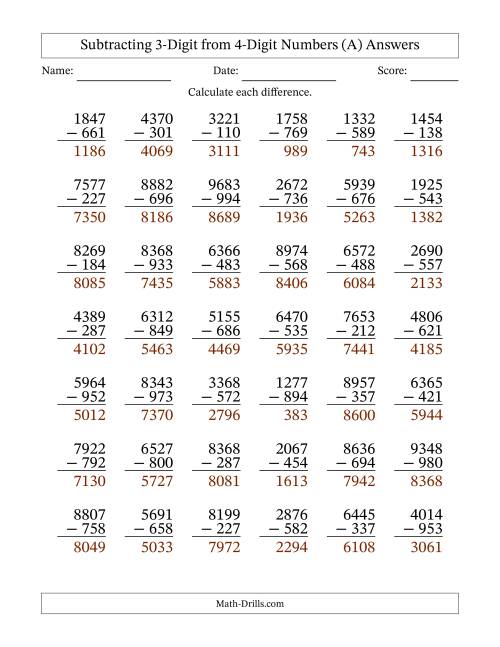 The Subtracting 3-Digit from 4-Digit Numbers With Some Regrouping (42 Questions) (A) Math Worksheet Page 2