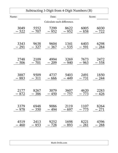 The Subtracting 3-Digit from 4-Digit Numbers With Some Regrouping (42 Questions) (B) Math Worksheet
