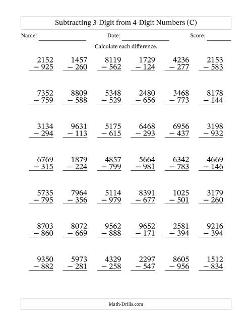 The Subtracting 3-Digit from 4-Digit Numbers With Some Regrouping (42 Questions) (C) Math Worksheet