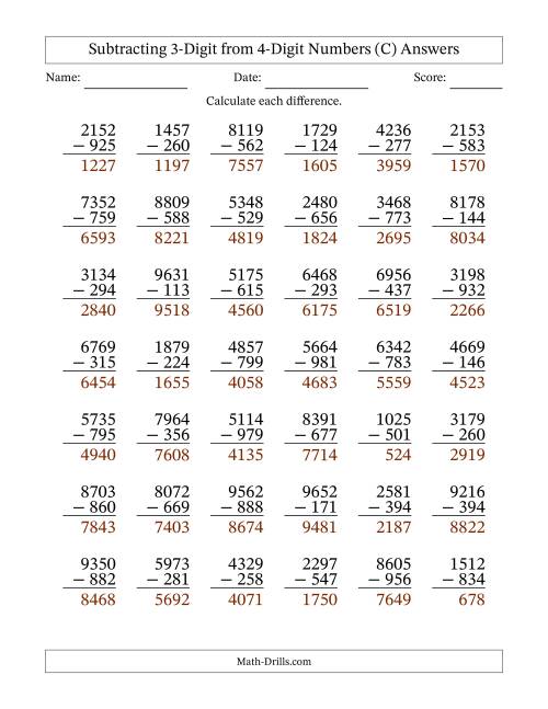 The Subtracting 3-Digit from 4-Digit Numbers With Some Regrouping (42 Questions) (C) Math Worksheet Page 2