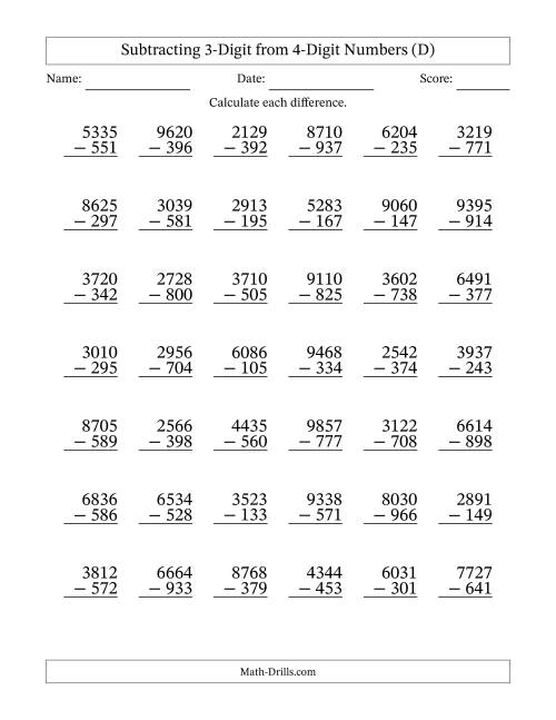 The Subtracting 3-Digit from 4-Digit Numbers With Some Regrouping (42 Questions) (D) Math Worksheet