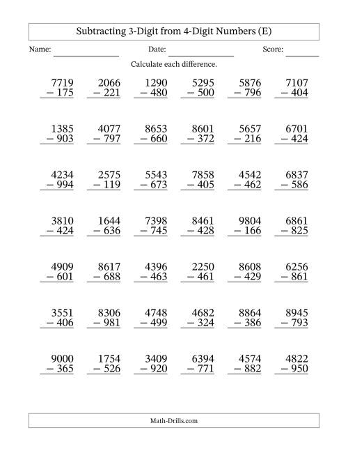 The Subtracting 3-Digit from 4-Digit Numbers With Some Regrouping (42 Questions) (E) Math Worksheet