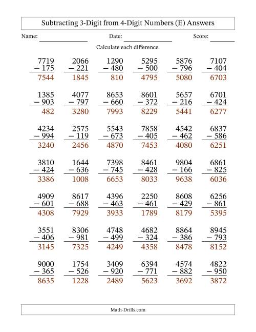 The Subtracting 3-Digit from 4-Digit Numbers With Some Regrouping (42 Questions) (E) Math Worksheet Page 2
