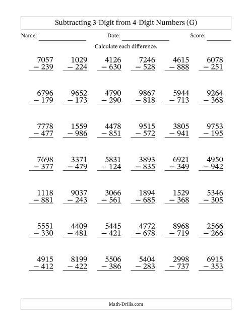 The Subtracting 3-Digit from 4-Digit Numbers With Some Regrouping (42 Questions) (G) Math Worksheet