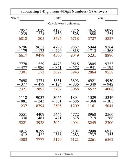 The Subtracting 3-Digit from 4-Digit Numbers With Some Regrouping (42 Questions) (G) Math Worksheet Page 2