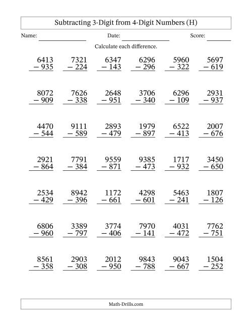 The Subtracting 3-Digit from 4-Digit Numbers With Some Regrouping (42 Questions) (H) Math Worksheet