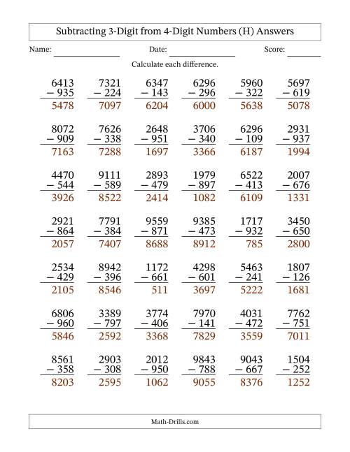 The Subtracting 3-Digit from 4-Digit Numbers With Some Regrouping (42 Questions) (H) Math Worksheet Page 2