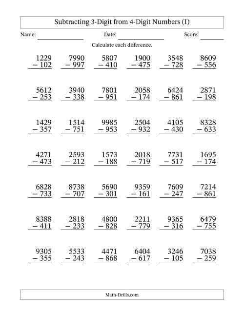 The Subtracting 3-Digit from 4-Digit Numbers With Some Regrouping (42 Questions) (I) Math Worksheet