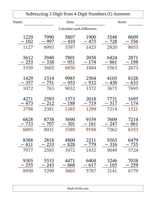 The Subtracting 3-Digit from 4-Digit Numbers With Some Regrouping (42 Questions) (I) Math Worksheet Page 2