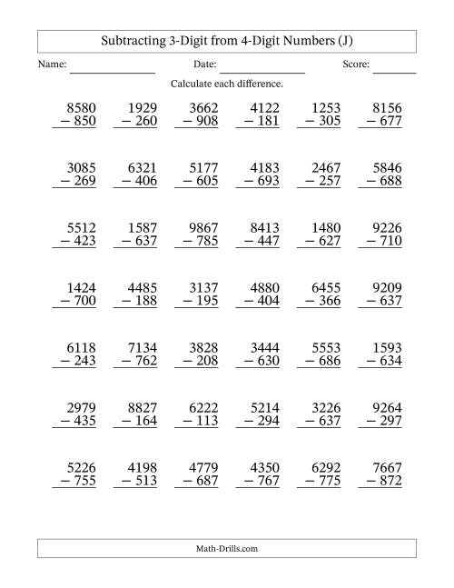 The Subtracting 3-Digit from 4-Digit Numbers With Some Regrouping (42 Questions) (J) Math Worksheet