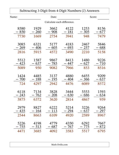 The Subtracting 3-Digit from 4-Digit Numbers With Some Regrouping (42 Questions) (J) Math Worksheet Page 2