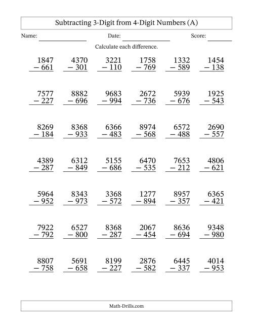 The Subtracting 3-Digit from 4-Digit Numbers With Some Regrouping (42 Questions) (All) Math Worksheet
