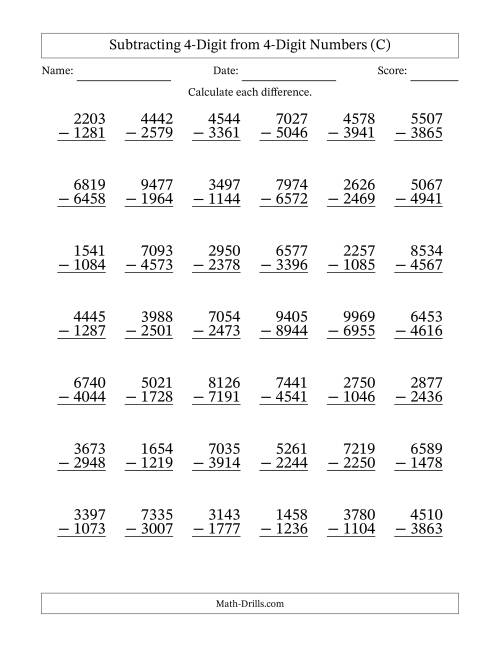 The Subtracting 4-Digit from 4-Digit Numbers With Some Regrouping (42 Questions) (C) Math Worksheet