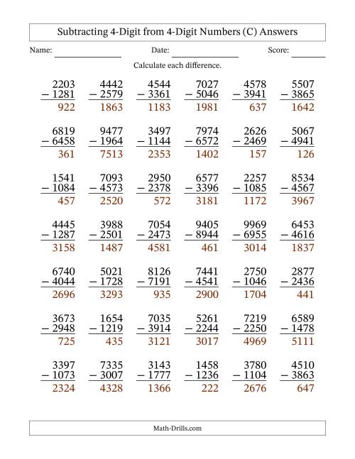 The Subtracting 4-Digit from 4-Digit Numbers With Some Regrouping (42 Questions) (C) Math Worksheet Page 2