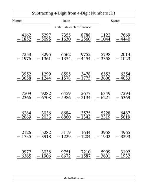The Subtracting 4-Digit from 4-Digit Numbers With Some Regrouping (42 Questions) (D) Math Worksheet