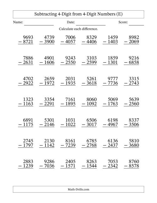 The Subtracting 4-Digit from 4-Digit Numbers With Some Regrouping (42 Questions) (E) Math Worksheet
