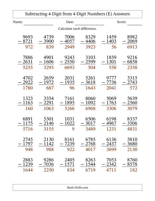 The Subtracting 4-Digit from 4-Digit Numbers With Some Regrouping (42 Questions) (E) Math Worksheet Page 2