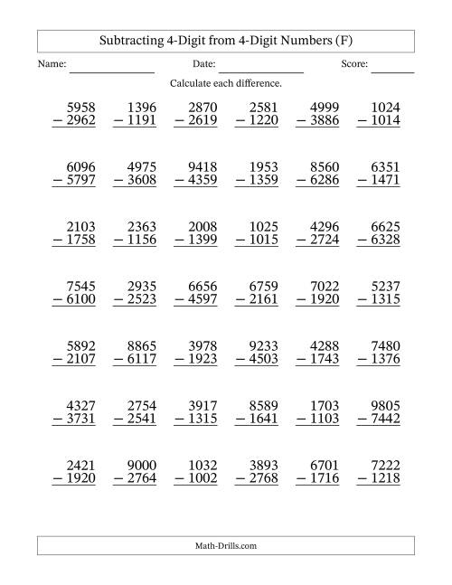 The Subtracting 4-Digit from 4-Digit Numbers With Some Regrouping (42 Questions) (F) Math Worksheet