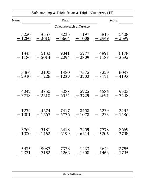 The Subtracting 4-Digit from 4-Digit Numbers With Some Regrouping (42 Questions) (H) Math Worksheet