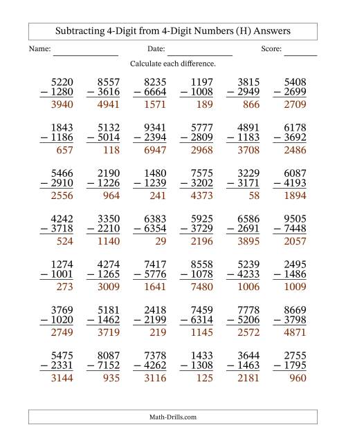 The Subtracting 4-Digit from 4-Digit Numbers With Some Regrouping (42 Questions) (H) Math Worksheet Page 2