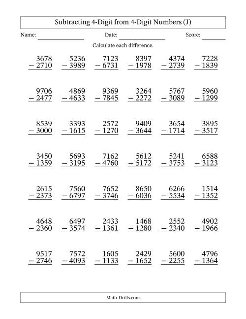 The Subtracting 4-Digit from 4-Digit Numbers With Some Regrouping (42 Questions) (J) Math Worksheet