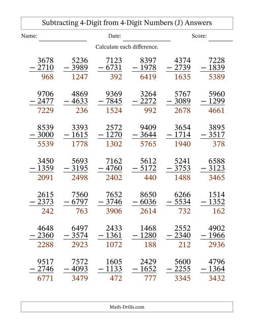 The Subtracting 4-Digit from 4-Digit Numbers With Some Regrouping (42 Questions) (J) Math Worksheet Page 2