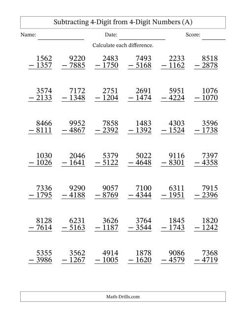 The Subtracting 4-Digit from 4-Digit Numbers With Some Regrouping (42 Questions) (All) Math Worksheet
