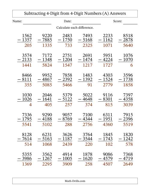 The 4-Digit Minus 4-Digit Subtraction (All) Math Worksheet Page 2