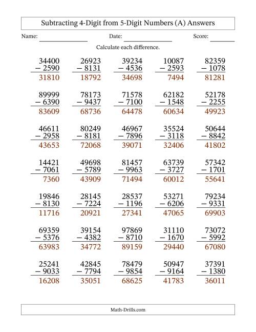 The Subtracting 4-Digit from 5-Digit Numbers With Some Regrouping (35 Questions) (A) Math Worksheet Page 2