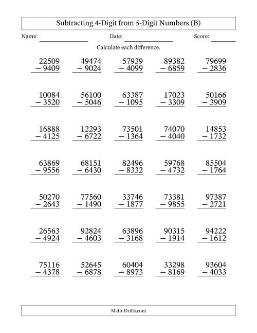The Subtracting 4-Digit from 5-Digit Numbers With Some Regrouping (35 Questions) (B) Math Worksheet