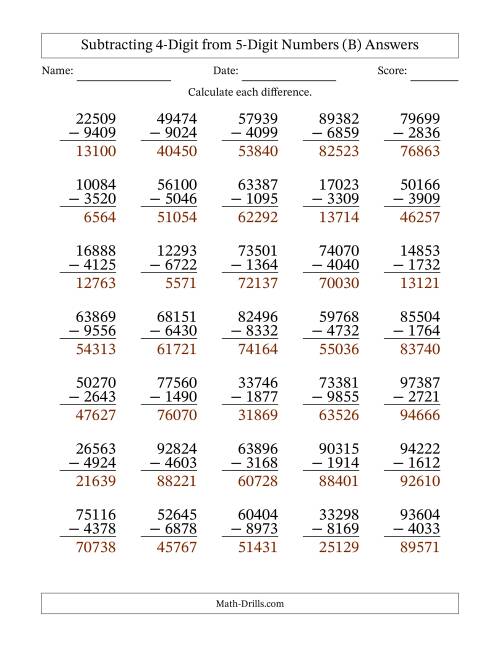 The Subtracting 4-Digit from 5-Digit Numbers With Some Regrouping (35 Questions) (B) Math Worksheet Page 2