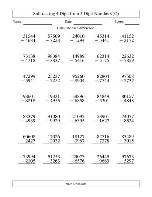 The Subtracting 4-Digit from 5-Digit Numbers With Some Regrouping (35 Questions) (C) Math Worksheet