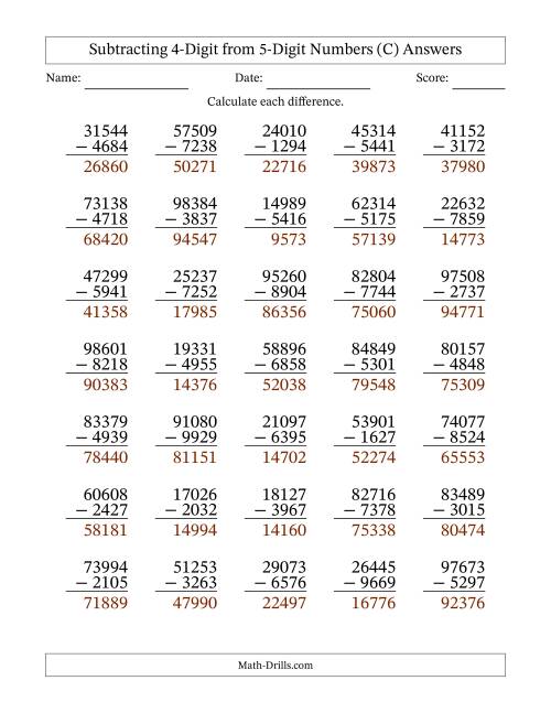 The Subtracting 4-Digit from 5-Digit Numbers With Some Regrouping (35 Questions) (C) Math Worksheet Page 2