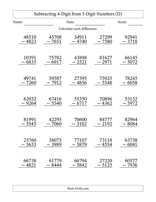 The Subtracting 4-Digit from 5-Digit Numbers With Some Regrouping (35 Questions) (D) Math Worksheet