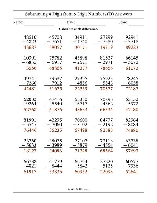 The Subtracting 4-Digit from 5-Digit Numbers With Some Regrouping (35 Questions) (D) Math Worksheet Page 2